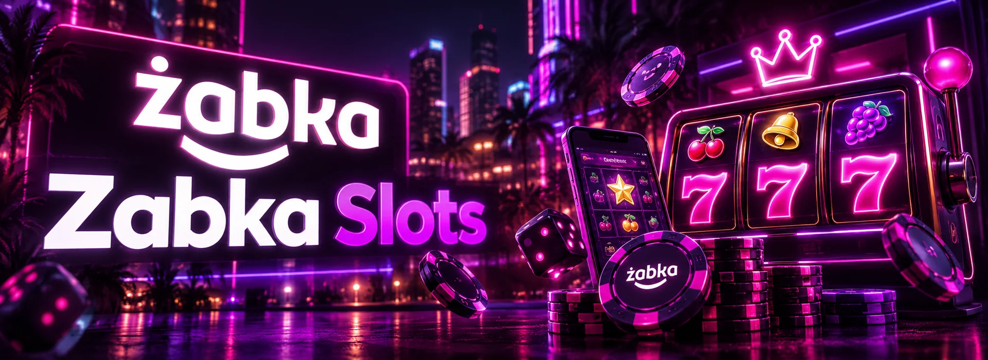 Neonowa hala automatów Zabka Slots nocą z pakietem powitalnym do 8 000 zł i 300 darmowymi spinami
