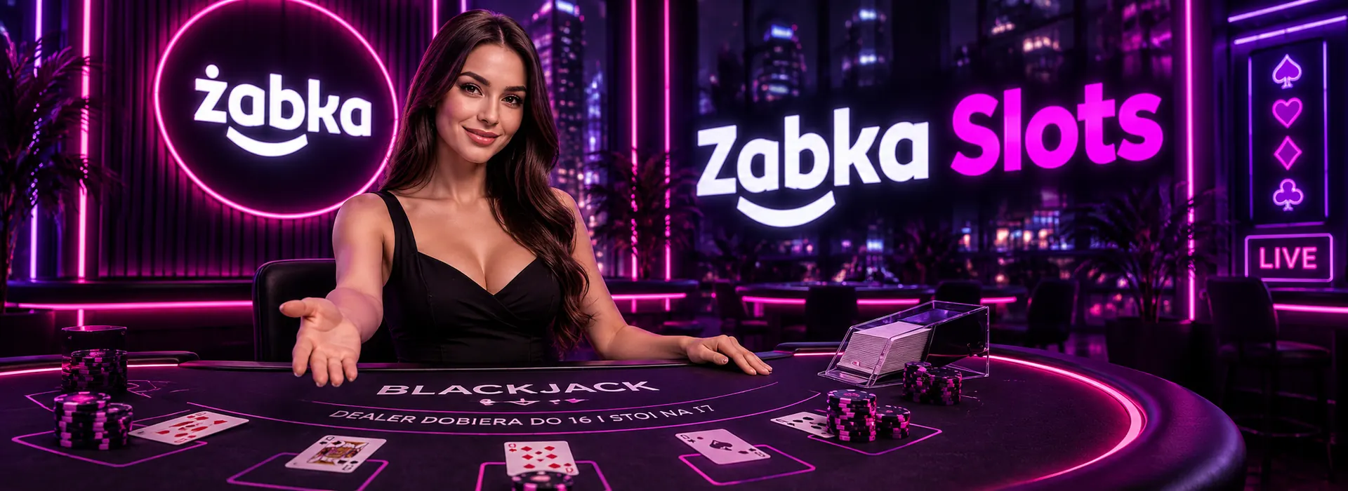 Stoły kasyna na żywo Zabka Slots w fioletowym półmroku